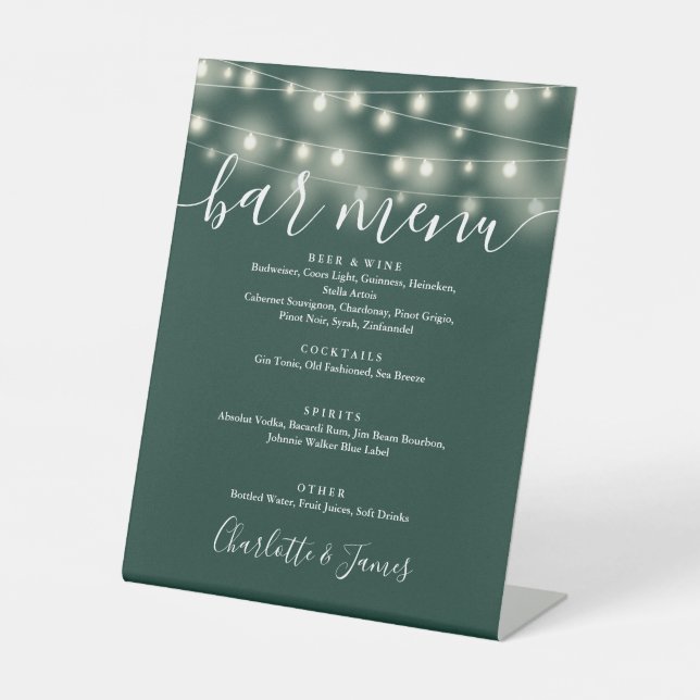 Emerald Green Wedding Bar Menu für String Lights Sockelschild (Vorderseite)