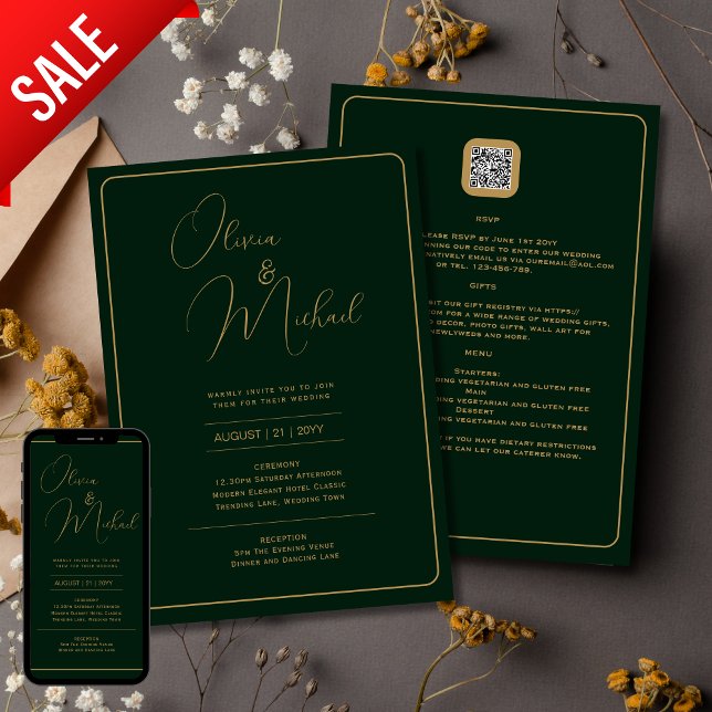 Emerald Green Wedding Einladung mit Gold Text (Von Creator hochgeladen)