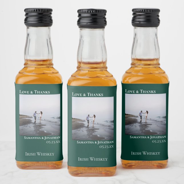Emerald Green Wedding Foto Liebe & Danke Mini Alkoholflaschenetikett (Flaschen)