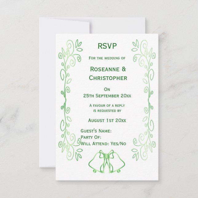 Emerald Green Wedding RSVP Card Bells Scrollwork Karte (Vorderseite)