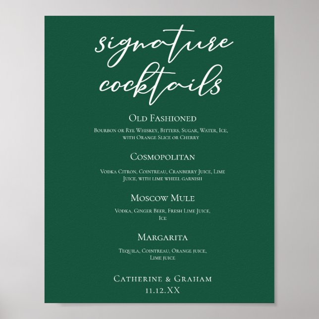 Emerald Green Wedding Signature Cocktails Bar Menu Poster (Vorne)