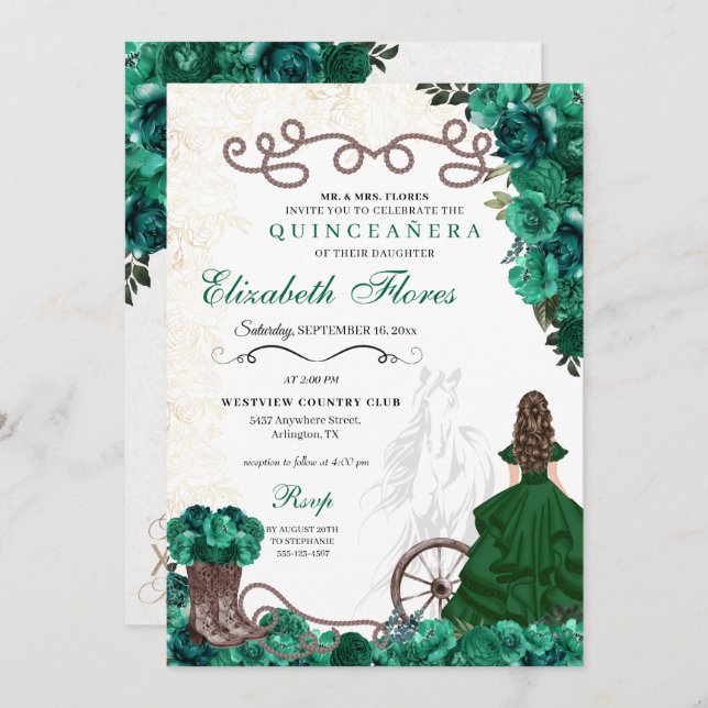 Emerald Green Western Princess Charra Quinceañera Einladung (Vorne/Hinten)