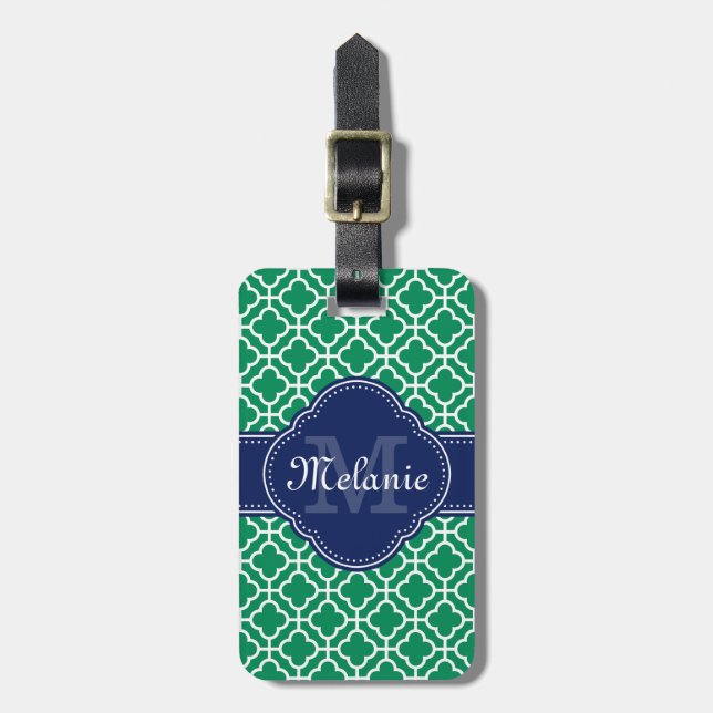 Emerald Green Whart marokkanisches Pattern Navy Mo Gepäckanhänger (Vorderseite vertikal)