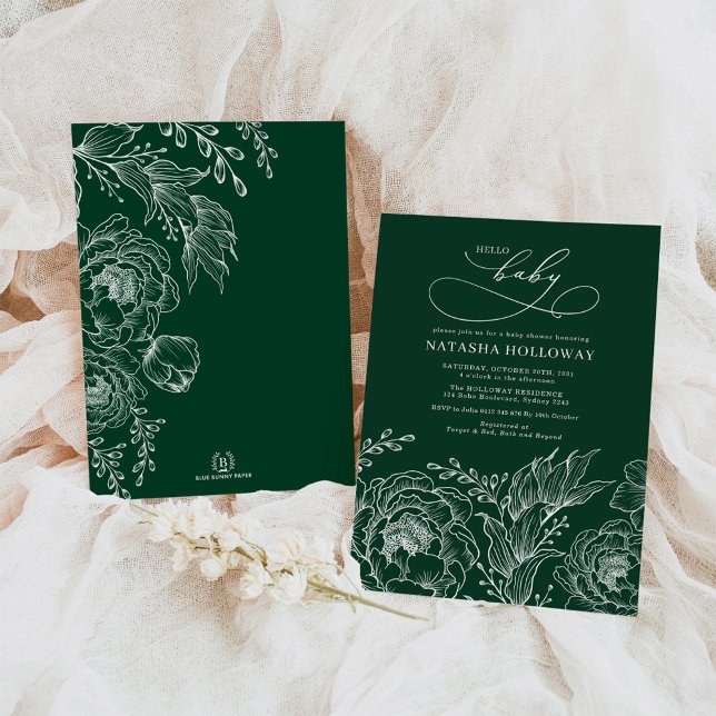 Emerald Green White Botanical Floral Baby Dusche Einladung (Von Creator hochgeladen)