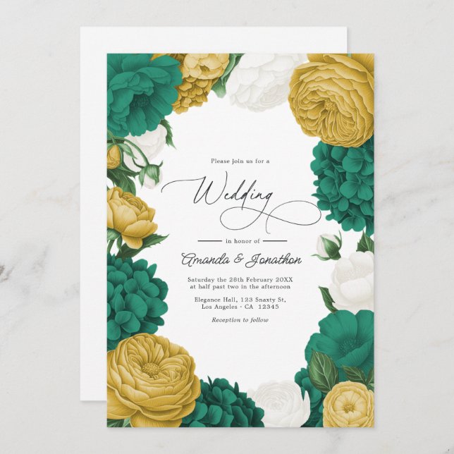 Emerald Green, White & Gold Floral Wedding Einladung (Vorne/Hinten)