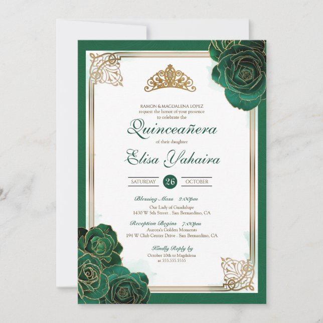 Emerald Green White Gold Rose Royal Quinceanera Einladung (Vorderseite)