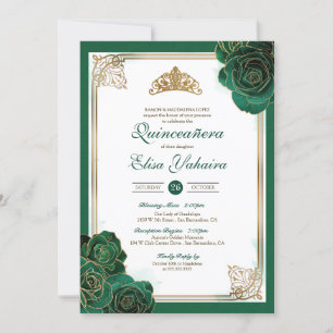 Emerald Green White Gold Rose Royal Quinceanera Einladung