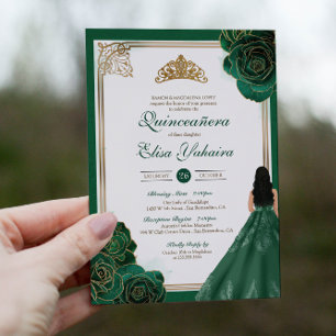 Emerald Green White Gold Rose Royal Quinceanera Einladung