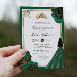 Emerald Green White Gold Rose Royal Quinceanera Einladung