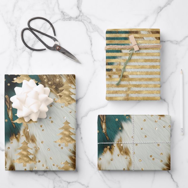 Emerald Green White Gold Weihnachtsbaum Geschenkpapier Set (Vorderseite)