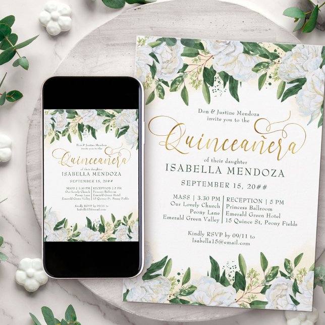 Emerald Green White Peony Quinceanera und Mass Einladung (Quinceanera Invite with Church Blessing from my Emerald Greenery and White Peony Collection)