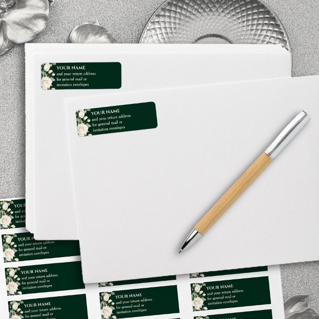 Emerald Green White Roses Rücksendeadresse (Return Address Labels from the Princess Dress and Roses Quinceanera Collection by Darling & May)