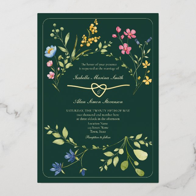 Emerald Green Wildblume Wedding Folieneinladung (Vorderseite)