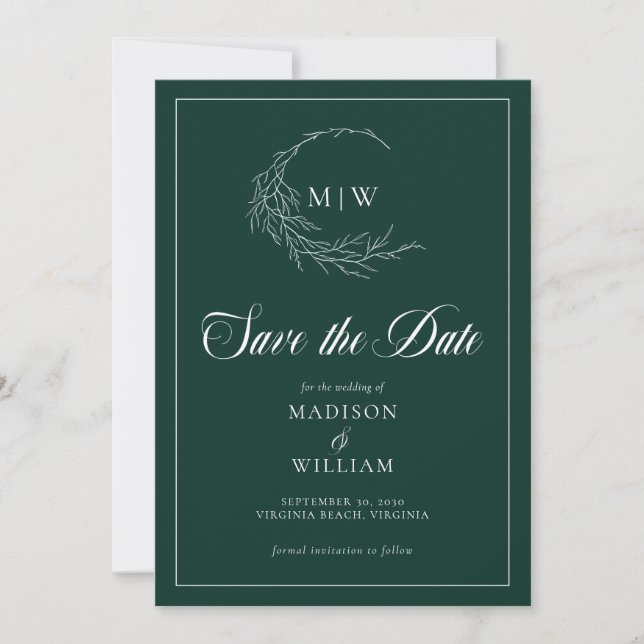 Emerald Green Wispy Wappen Monogram Save the Date (Vorderseite)