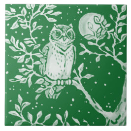 Emerald Green Woodland Owl Tree Moon Night Scene Fliese