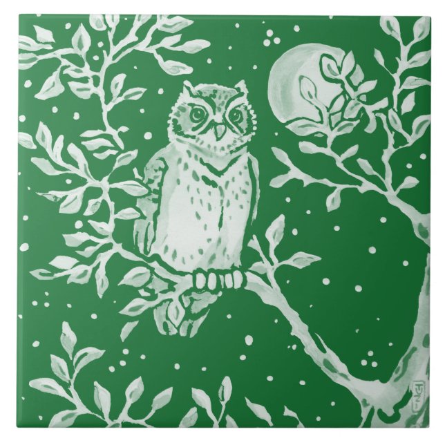 Emerald Green Woodland Owl Tree Moon Night Scene Fliese (Vorderseite)