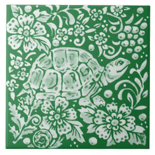 Emerald Green Woodland Turtle Intricate Floral Fliese