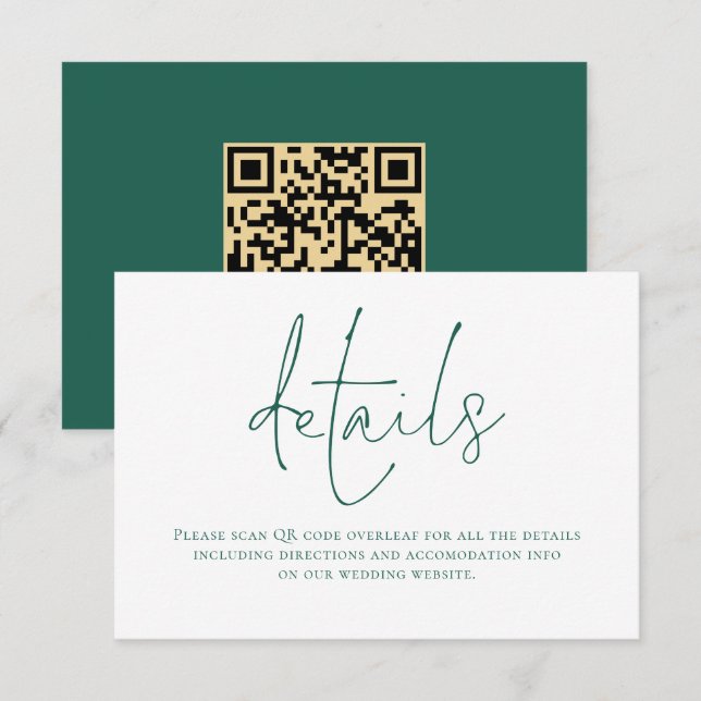 Emerald Green Writing QR Code Wedding Details Begleitkarte (Vorne/Hinten)