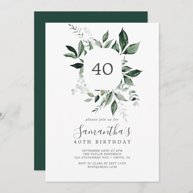 Emerald Greenery 40. Geburtstag Einladung (Vorne/Hinten)