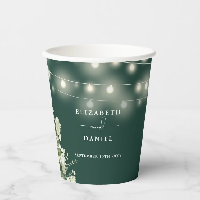 Emerald Greenery Bloral String Lights Wedding Pappbecher (Vorderseite)