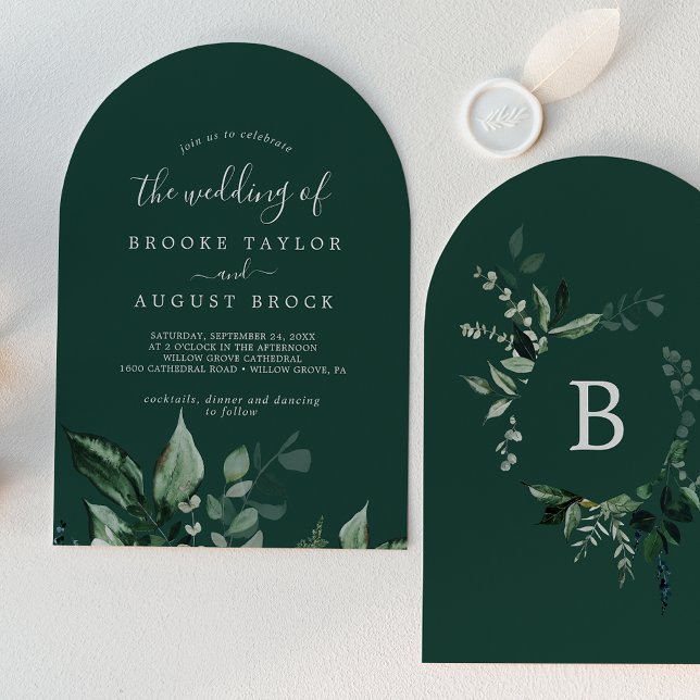 Emerald Greenery Dark Green Boho Arch Wedding Einladung (Emerald Greenery Dark Green Boho Arch Wedding Invitation)