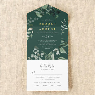 Emerald Greenery Dark Green Leaf Gold Foil Wedding All-in-One-Einladung