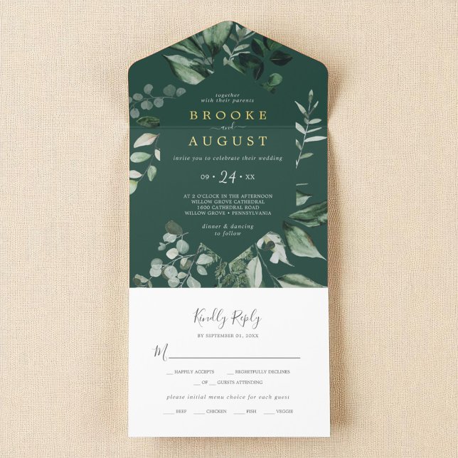 Emerald Greenery Dark Green Leaf Gold Foil Wedding All-in-One-Einladung (Emerald Greenery Dark Green Leaf Gold Foil Wedding All In One Invitation)