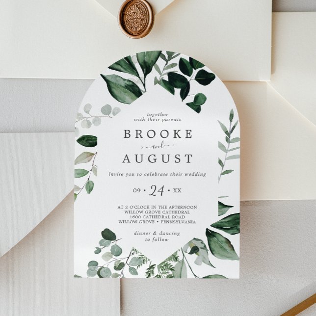 Emerald Greenery Elegant Boho Lässig Arch Wedding Einladung (Emerald Greenery Elegant Boho Casual Arch Wedding Invitation)