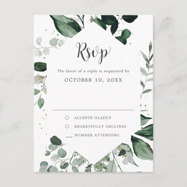 Emerald Greenery Eucalyptus Botanical Wedding RSVP Postkarte (Vorderseite)