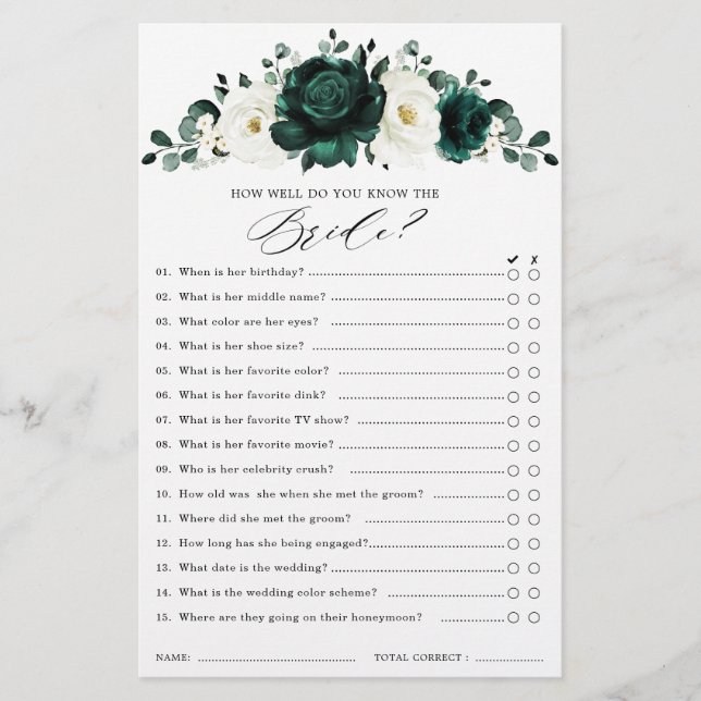 Emerald Greenery Eucalyptus Brautparty Game (Vorderseite)