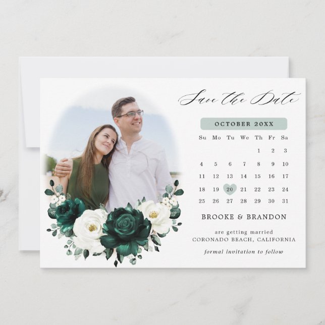 Emerald Greenery Eucalyptus White Floral Calendar Save The Date (Vorderseite)