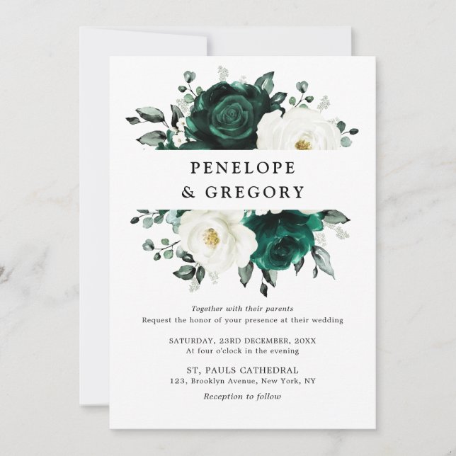 Emerald Greenery Eucalyptus White Floral Wedding Einladung (Vorderseite)