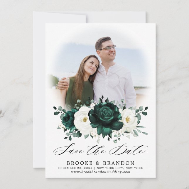 Emerald Greenery Eucalyptus White Floral Wedding Save The Date (Vorderseite)