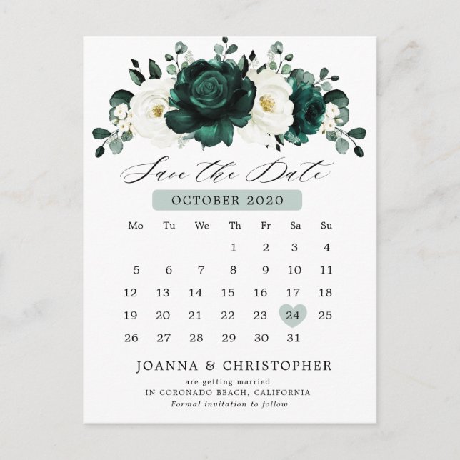 Emerald Greenery Eucalyptus White Save the Date Postkarte (Vorderseite)
