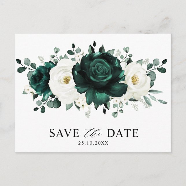 Emerald Greenery Eucalyptus White Save the Date Postkarte (Vorderseite)