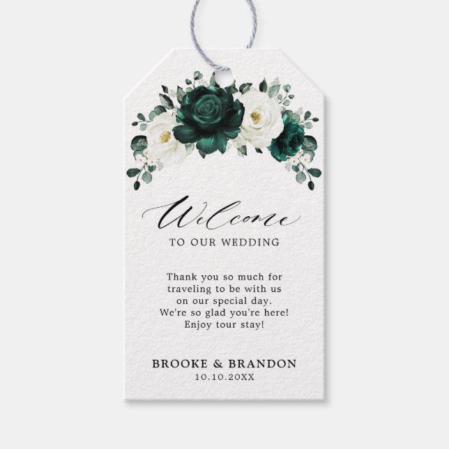 Emerald Greenery Eucalyptus White Wedding Willkomm Geschenkanhänger (Vorderseite)