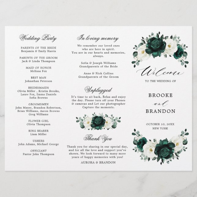 Emerald Greenery Floral Wedding Tri-Fold Programm (Vorderseite)
