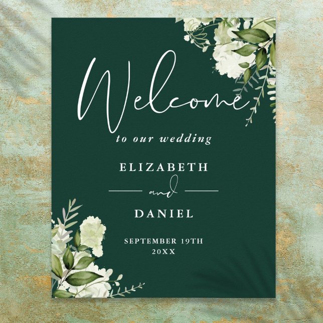 Emerald Greenery Floral Wedding Welcome Sign Poster (Emerald Greenery Floral Wedding Welcome Sign)