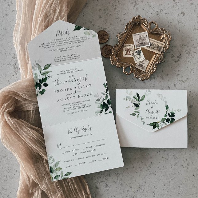 Emerald Greenery Foto Wedding All in One Einladung (Von Creator hochgeladen)