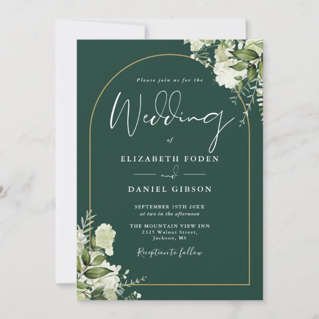 Emerald Greenery Gold Arch Monogram Wedding Einladung (Vorderseite)