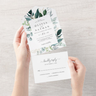Emerald Greenery Gold Leaf Hochzeit in einem All In One Einladung