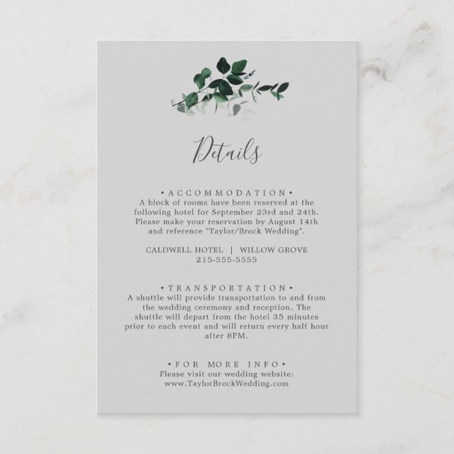 Emerald Greenery | Graue Hochzeitdetails Begleitkarte (Vorderseite)