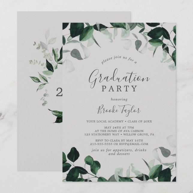 Emerald Greenery | Gray Graduation Party Einladung (Vorne/Hinten)