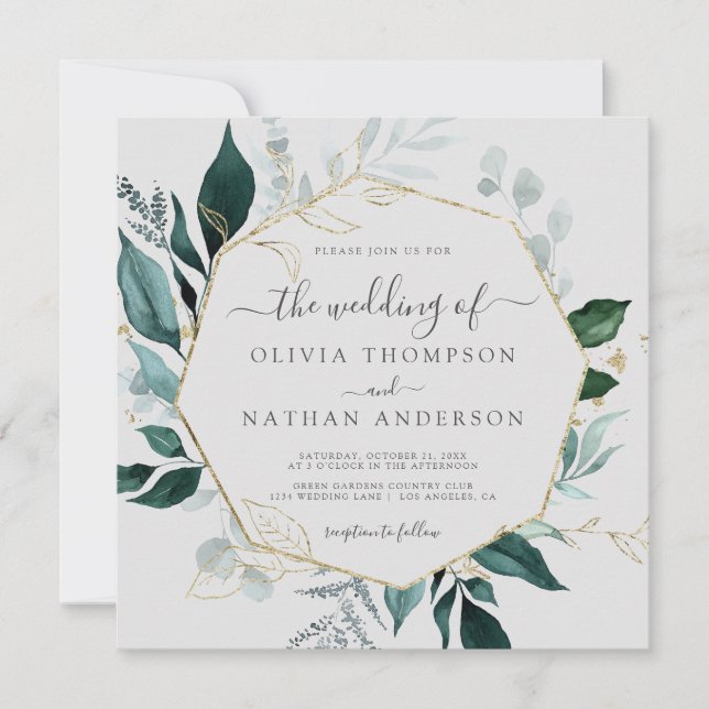 Emerald Greenery Gray Square Gold Leaf Wedding Einladung (Vorderseite)