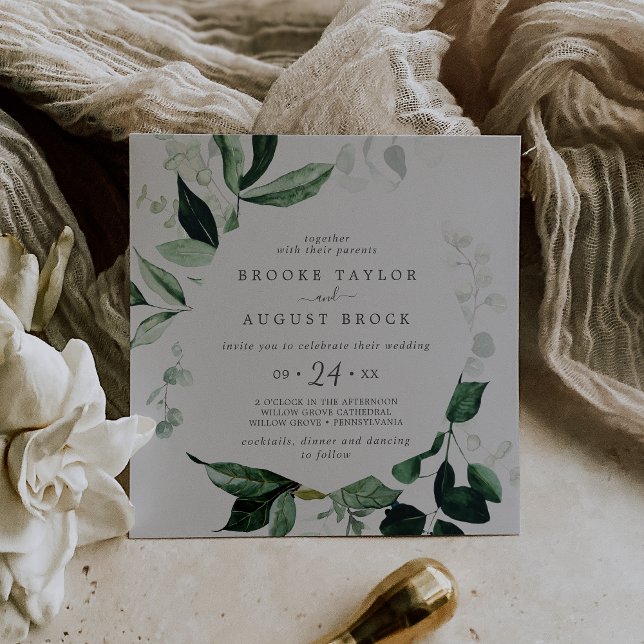 Emerald Greenery | Gray Square Wedding Einladung (Von Creator hochgeladen)