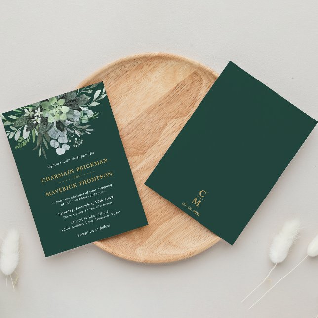 Emerald Greenery Green leaf Gold Monogram Wedding Einladung (Von Creator hochgeladen)