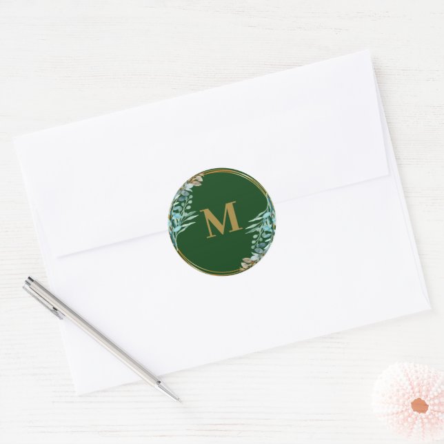 Emerald Greenery | Green Monogram Umschlag Aufkleb Runder Aufkleber (Umschlag)
