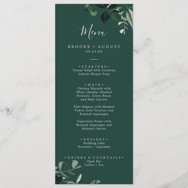 Emerald Greenery | Green Wedding Dinner Menu Menükarte (Vorderseite)