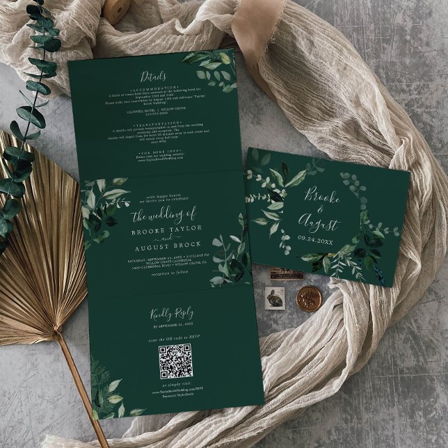 Emerald Greenery | Hochzeitscodierung für grünes F Dreifach Gefaltete Einladung (Von Creator hochgeladen)