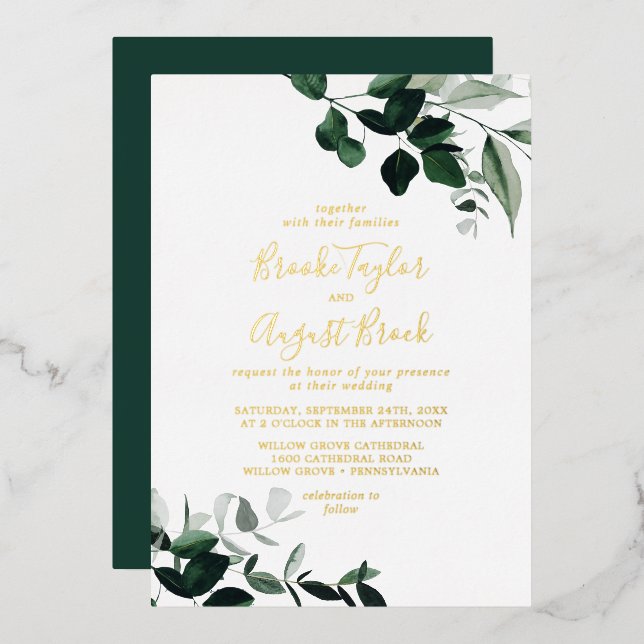 Emerald Greenery | Hochzeitsfamilien mit Gold Foil Folieneinladung (Vorderseite/Rückseite)